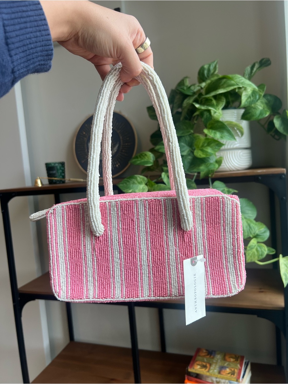Anthropologie Pink and Cream Striped Beaded Mini Tote